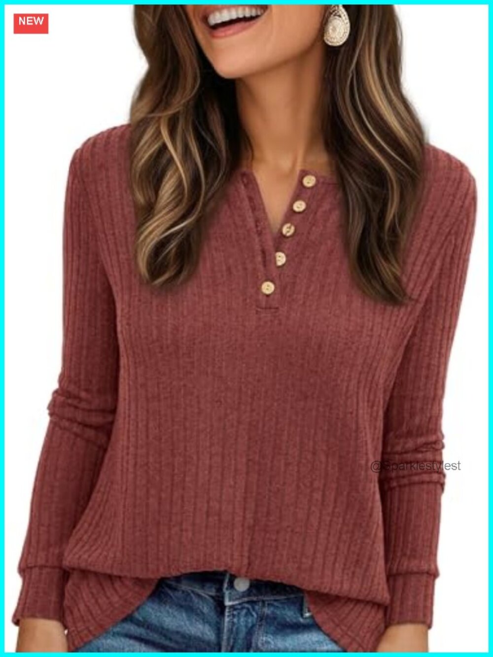 Women's Long Sleeve Henley Shirt Ribbed Knit Tunic Top Casual Fall Layering